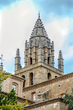 church bell tower Late 16th century late Gothic building of San Esteban built in the village of Loarre Aragon Huesca Spain, near Loarre Castle