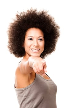 Happy Afro-American young woman isolated on white doing a thumbs-up signal with her hand