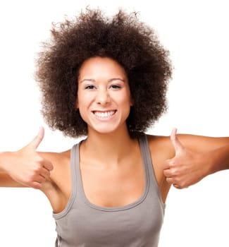 Happy Afro-American young woman isolated on white doing a thumbs-up signal with her hand