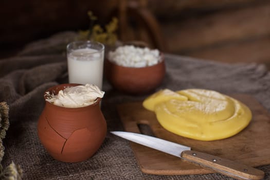 Organic milk cottage cheese and sour cream in vintage dish on rustic background