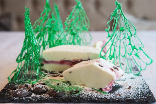 New year ice cream with caramel green christmas tree