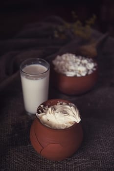 Organic milk cottage cheese and sour cream in vintage dish on rustic background