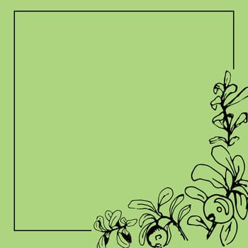 Vector black square frame with berries and leaves isolated on colorful background.