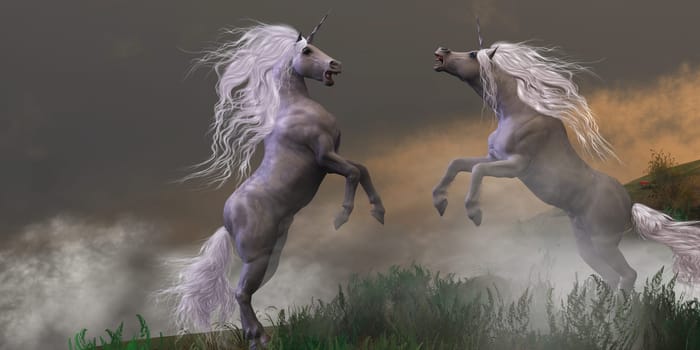 Lost in mountain foggy mist two unicorn bucks fight for dominance.