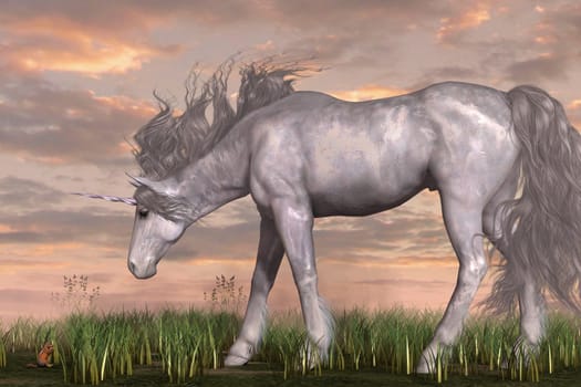 A white unicorn stag stops and looks with interest at a small chipmunk eating an acorn.