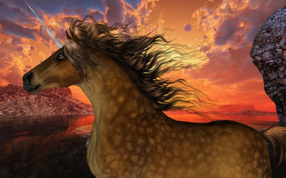 A beautiful dappled buckskin unicorn prances with its wild mane flowing and muscles shining.