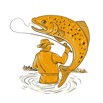 Drawing sketch style illustration of a Fly Fisherman fishing Reeling a spotted brown Trout jumping viewed from rear on isolated background.