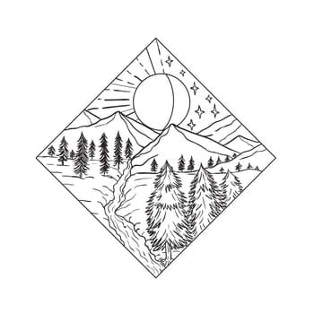 Mono line illustration of Night and Day Sun and Moon stars with mountain river and trees set inside diamond shape on isolated background done in black and white.
