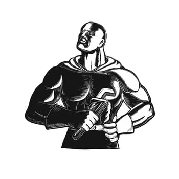 Retro woodcut style illustration of Superhero Plumber looking up holding monkey Wrench or gas grip  done in black and white on isolated background.