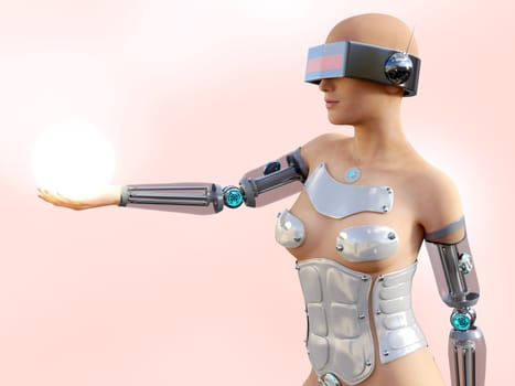 3D rendering of a sexy female android robot holding a glowing sphere of energy or light in her hand against a pink background.