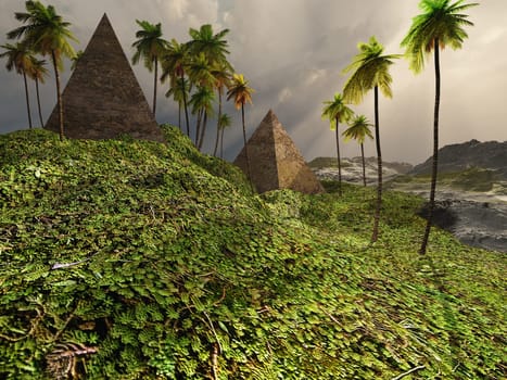 Two pyramids sit among jungle plants and may be from the Mayan culture.