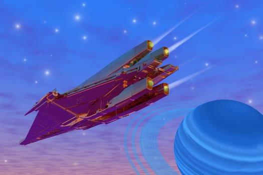 A viper spaceship passes a ringed planet on its journey through the cosmos.