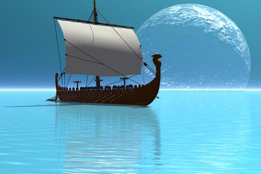 A viking Ship sails on a glistening sea on a night of the full moon.