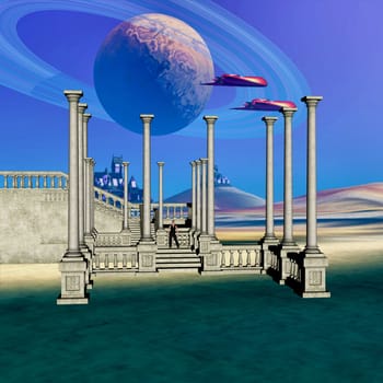 Jey airplanes fly over castle steps on a planet with a ringed moon in its sky.