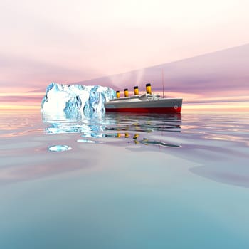 The Titanic passes by a huge iceberg in the Atlantic Ocean on its way to New York.