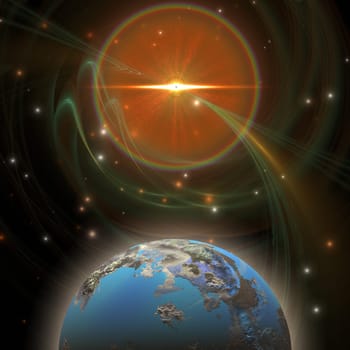 A huge sun emits solar rays which envelope a nearby planet.