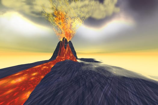 Rivers of lava run from a volcano eruption with fire and smoke.