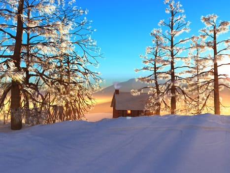 A warm light shines from a cabin window in the middle of a wintery landscape.