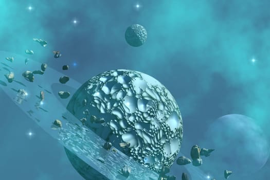 A planet and its moons form from large rocky asteroids hitting them.