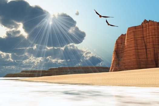 Two Bald Eagles fly near a mountain cliff by the seashore.
