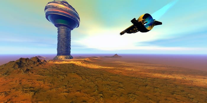 A spaceship comes in for a landing near a modern building on an alien planet.