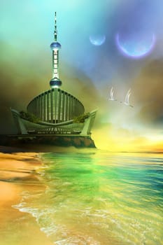 This alien planet with strange white birds has very modern buildings and two moons.