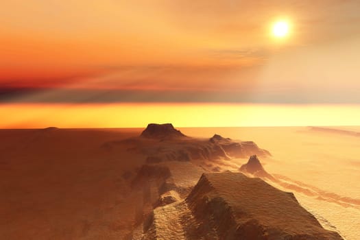 A mountain mesa gleams in the warm colors of a desert sunset in the wilderness.