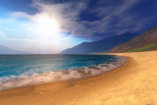 Sunrays shine on a beautiful coastal beach near many mountains.