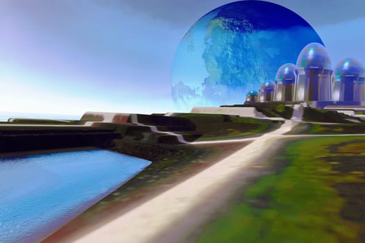 A civilization on this alien planet has built many dome shaped buildings.