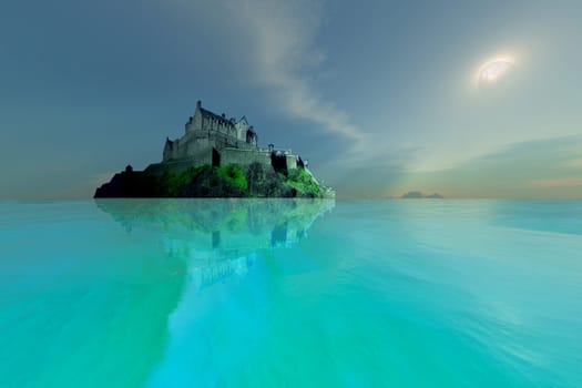 A castle sitting on an island offshore is surrounded by glistening moonlight water.
