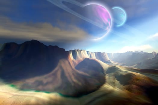 Two beautiful moons grace the sky of this alien planet with colorful terrain.