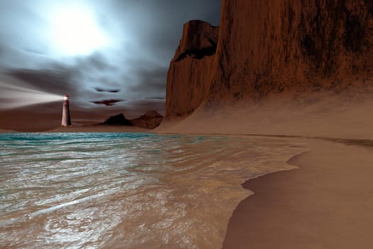 A lighthouse sends out its bright beam to warn passing ships.