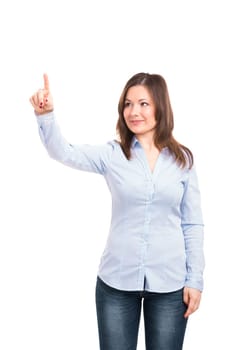 Business woman holding and working with a tablet, isolated over a white background