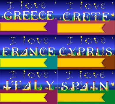 Travel cards. Artistic font. Summer night beach. I love Italy. . Greece. Spain. France. Crete. Cyprus. Cute white houses on the night coast. Stars in the sky. Banners for custom text. Illustration
