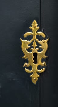 brass keyhole in a dark wooden door