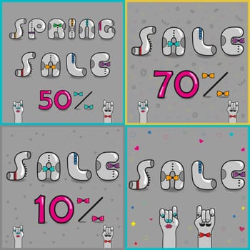 Cards with inscriptions for retail. Vintage font. Sale. Gray retro letters with colorful ties. Pink numerals. Cartoon hipster hands looking at each other. illustration