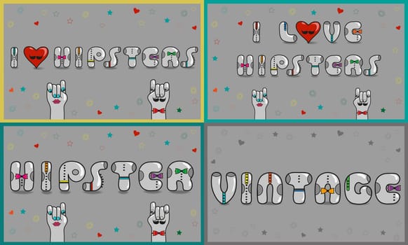 Cards with inscriptions for retail. Vintage font. Sale. Gray retro letters with colorful ties. Pink numerals. Cartoon hipster hands. illustration