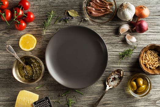 Fresh vegetables and ingredients for cooking on wooden background place for text. .Vegan food vegetarian and healthy cooking concept.