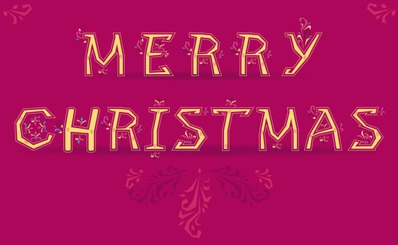 Merry Christmas inscription by yellow artistic font. Country yellow letters with floral decor. Christmas greeting card