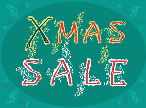 Inscription Xmas sale by artistic country font. Card for retail with ornamental elements.