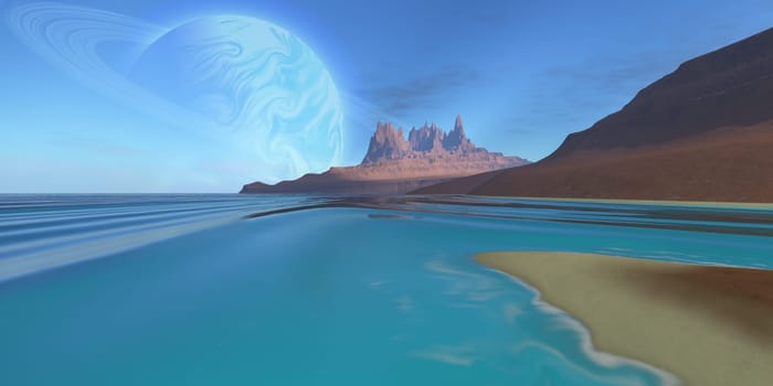 An alien planet with many mountains has a huge ringed moon in its sky.