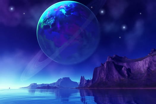 This alien planet has a beautiful ringed moon in its sky.