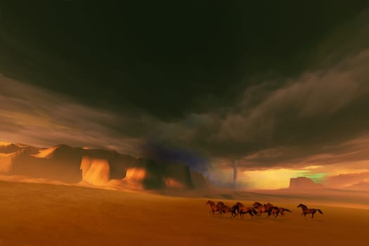 A herd of Mustangs run from a tornado and stormy black clouds.