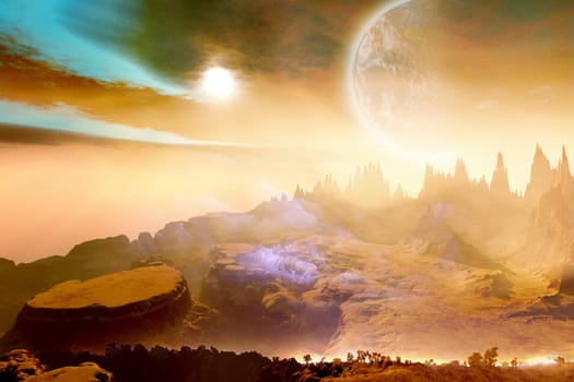 This alien planet has high mountains and plateaus and a foggy atmosphere.
