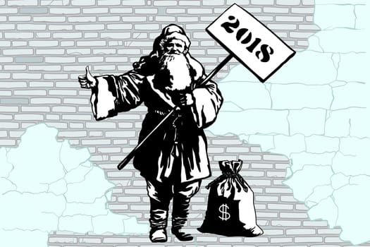 2018 new year Santa Claus hitchhiker with a bag of money, graffiti style. New year and Christmas. Pop art retro vector illustration. Old city brick wall background.