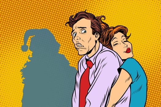 Vintage couple man and woman waiting for Christmas. The Shadow Of Santa Claus. Pop art retro vector illustration