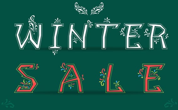 Winter Sale. Card for retail. White and red artistic font with floral delicate decor. illustration