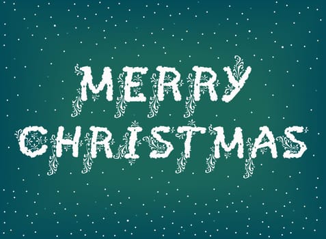 Festive card with text Merry Christmas. Artistic white font with floral decor. Vintage style. Green background with snow. Illustration.