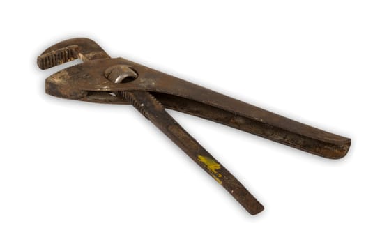 Old pipe pliers exposed on white background