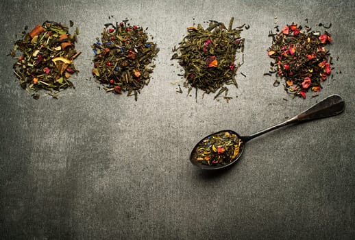 Dry Tea collection of different types on gray background